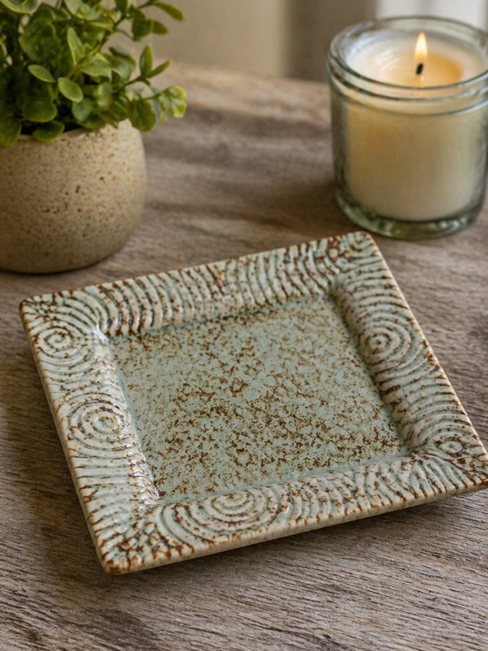 Handmade Studio Pottery Dish Tray Green Brown Glaze 7” Rustic Ceramic Catchall